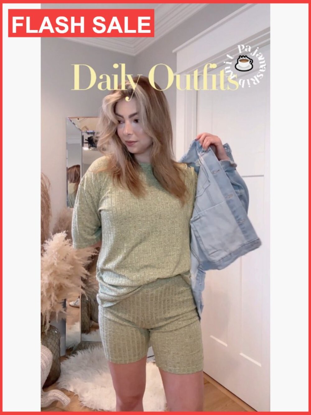 Large Ribbed Knit Pajama Set 2-Piece Lounge Outfit T-Shirt Biker Shorts - Picture 7 of 7